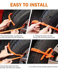 Solid Hella Grip Twelve Piece Car Snow Tire Chains installation steps showing the bright orange anti-skid straps being applied to a tire.