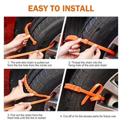 Solid Hella Grip Twelve Piece Car Snow Tire Chains installation steps showing the bright orange anti-skid straps being applied to a tire.