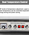 AOXHUGB Electric Shrink Wrap Tunnel Machine Mesh Conveyor control panel showing dual temperature settings and adjusters.