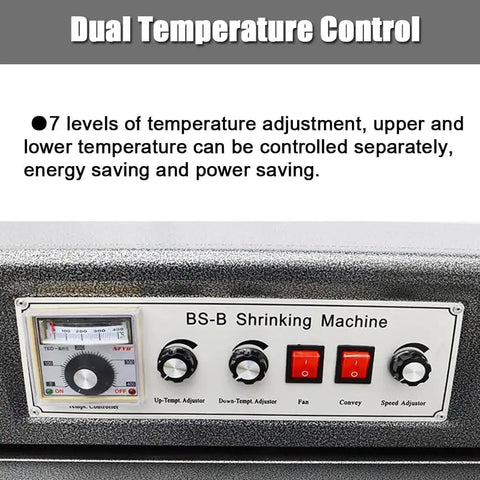 AOXHUGB Electric Shrink Wrap Tunnel Machine Mesh Conveyor control panel showing dual temperature settings and adjusters.
