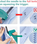 Mini Stitch Gun For Quick Clothing Repairs And Temporary Seams With 5000 Black And White Fasteners Six Extra Needles packed in use demonstration.