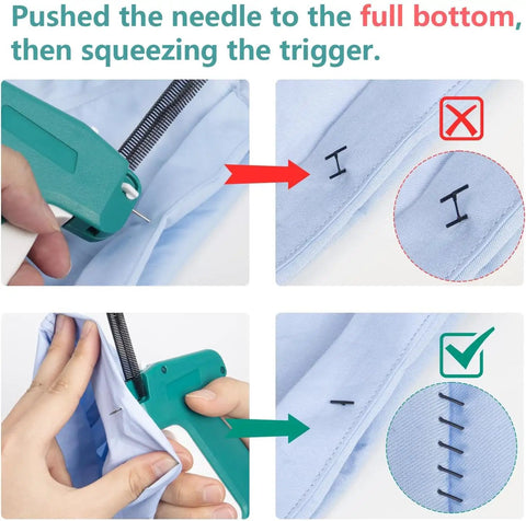 Mini Stitch Gun For Quick Clothing Repairs And Temporary Seams With 5000 Black And White Fasteners Six Extra Needles packed in use demonstration.
