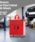 Heavy Duty Steel Tool Cart On Wheels, Red Rolling Tool Chest With Lockable Double-Door Cabinet And Two Drawers in garage