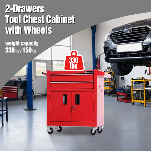 Heavy Duty Steel Tool Cart On Wheels, Red Rolling Tool Chest With Lockable Double-Door Cabinet And Two Drawers in garage