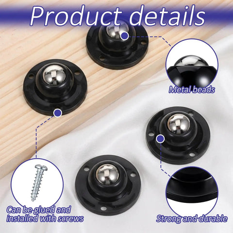 Premium Self Adhesive Caster Wheels For Furniture Legs Featuring A Rock Solid 360 Degree Low Profile Swivel Design Made From Heavy Duty Abs And Brushed Stainless Steel In Matte Black showing metal beads and installation options.