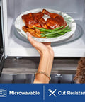 Top Shelf Pathways Heavy Weight Plates In Crisp White Measuring Eight And A Half Inches with chicken and green beans in microwave.