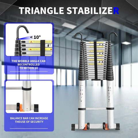 Telescoping Ladder 27.9 Ft With Adjustable Sections And Removable Hooks For Roof Access Attic Work Exterior Maintenance And Warehouse Tasks Heavy Duty Aluminum Construction For Versatile Indoor Outdoor Use with triangle stabilizer and balance bar