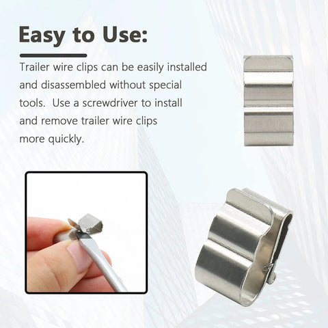 50 Pack Beefed Up Solar Wire Clips With Rock Solid Grip For PV Panels And Trailers Tough As Nails Stainless Steel Double Cable Clamp shown being installed with screwdriver.