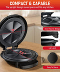 Super Cool 11 Inch Electric Quesadilla Maker With Extra Stuffing Latch Non Stick Plates in black, measuring 10x11.5 inches.