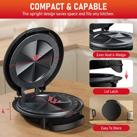 Super Cool 11 Inch Electric Quesadilla Maker With Extra Stuffing Latch Non Stick Plates in black, measuring 10x11.5 inches.