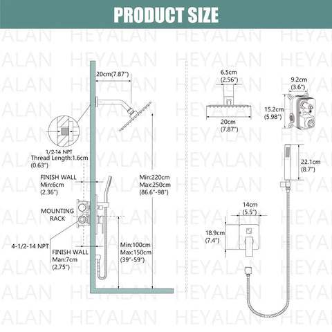 Diagram showing product size of Matte Black 6 Inch Rainfall Shower System With High Pressure Luxury Rain Mixer Handheld Sprayer.