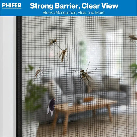 Top Shelf Aluminum Insect Screen Mesh Roll, Rock Solid Bug Barrier Window Replacement Material, Heavy Duty 72 Inch by 100 Foot Screen Fabric for Exterior Doors and Patios, Elegant Silver blocking flies on a porch window.