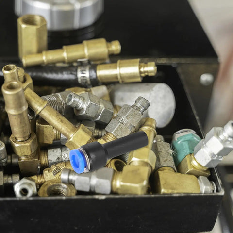 Check Out This 5-Piece Blue Straight Push-Fit Pneumatic Tube Reducer Coupler Kit With Quick Connect Plastic Air Hose Fittings For Industrial Gas Systems That Save Big Temps And Cash While Making Your Job Easy Peasy Every Single Day. blue push-fit reducer coupler on brass fittings