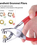 Hand using 1203Pcs Grommet Eyelet Pliers Tool Kit With 1/4 Inch Eyelets and Washers; grommet alignment guide shown