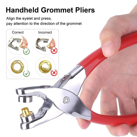 Hand using 1203Pcs Grommet Eyelet Pliers Tool Kit With 1/4 Inch Eyelets and Washers; grommet alignment guide shown