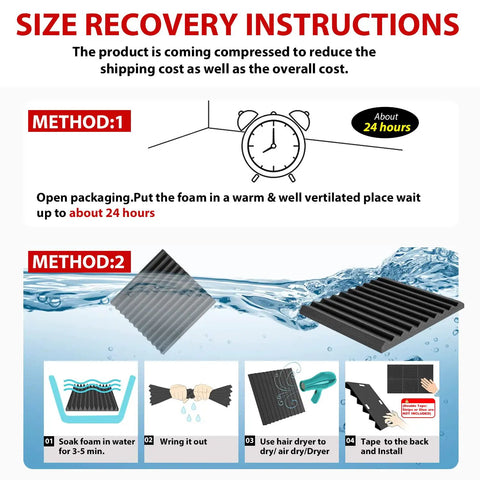 Size recovery instructions for High Density Acoustic Foam Soundproofing Wedges For Walls And Studio Banish Noise Like A Pro.