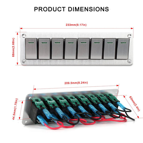 Dimensions of Eight Gang Aluminum Rocker Switch Panel For 12V And 24V Systems, 3 Pin On Off, Pre-Wired Waterproof Toggle Panel