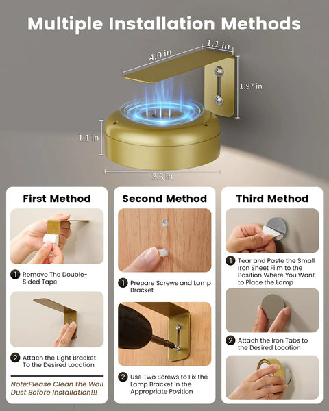 Instructional diagram for installing Rechargeable Magnetic LED Puck Lights For Wall with three methods using screws and tape.