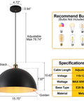 Diagram of Dope Retro Industrial Dome Pendant Light in Matte Black with Gold Interior, specifications and bulb recommendations shown.