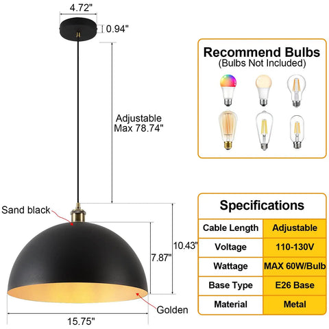 Diagram of Dope Retro Industrial Dome Pendant Light in Matte Black with Gold Interior, specifications and bulb recommendations shown.