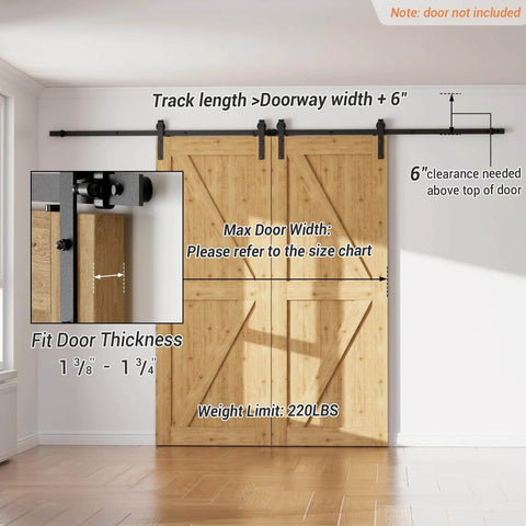 Installed Beefy 20 Foot Sliding Barn Door Hardware Kit For Double 60 Inch Wide Doors With 330 Pound Weight Capacity Aeronautical Grade Aluminum Track Black Anti Corrosion Finish Adjustable Rollers Fit 1 3 8 Inch To 1 15 16 Inch Thick Doors in room view.