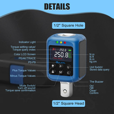 Digital Torque Adapter For One Half Inch Drive With Three Eighths And Quarter Inch Adapters, Torque Range 3.7 To 250.8 Ft Lb Or 5 To 340 Nm, 2 Percent Accuracy, Buzzer And Peak And Trace Modes, Four Units Nm Lb Ft Lb In Kg Cm For Cars And Bikes