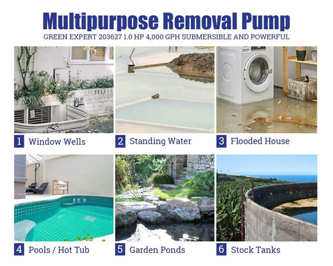 Green Expert 1HP submersible sump pump; 6-use collage: window wells, standing water, flooded house, pools, ponds, tanks