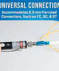VFL 150 Visual Fault Locator With FC to LC Adapter in use with fiber cable, showcasing universal connection capability.
