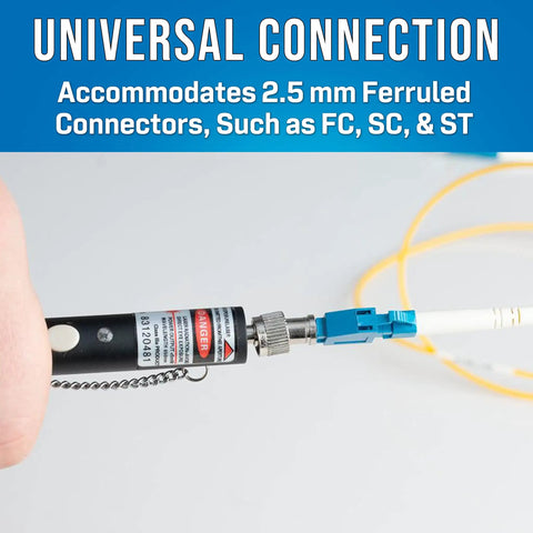 VFL 150 Visual Fault Locator With FC to LC Adapter in use with fiber cable, showcasing universal connection capability.