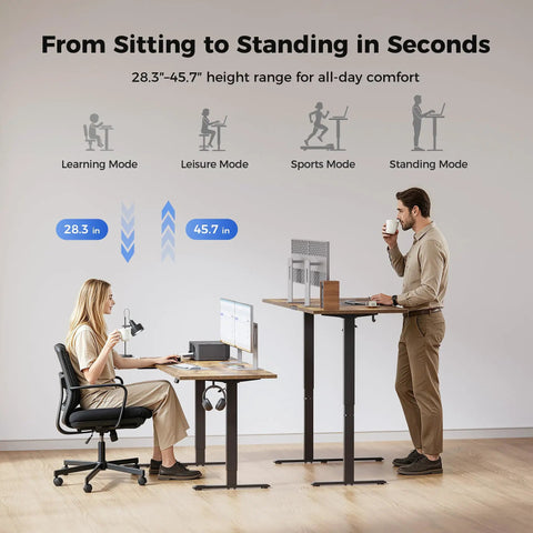 Brown 55x28 Inch Reversible L Shaped Electric Standing Desk With Height Adjustable Sit Stand Motorized Base Ergonomic Computer Corner Table For Home Office Workstation showing height adjustments from 28.3 to 45.7 inches.