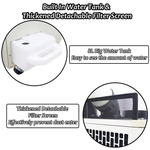 Heavy Duty Mobile Air Conditioner Brings The Cool With A Major 15400 BTU Punch showing built-in 8L water tank and detachable filter screen.