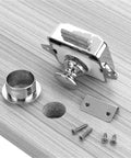 Push Button Latch Three Pack For Campervan Cabinets And Drawers Easy Press Release Cabinet Lock Kit shown with hardware on wood