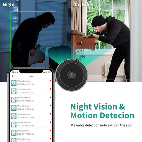 Ultra Mini WiFi Camera 1080P HD Surveillance Hidden Nanny Cam with night vision and motion detection app interface on phone screen