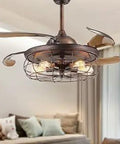 42 Inch Ceiling Fan With Light And Remote Control Dope Industrial Caged Retractable Fandelier Rustic Farmhouse Chandelier Fan