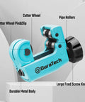 Mini Tubing Cutter For 1/8 To 3/4 Inch Tubing, Cuts Copper Aluminum Brass And Plastic With Replacement Wheel, Ultra Compact One-Hand Use, Built Tough Steel Body Delivers Clean Precise Cuts Every Time, showing cutter wheel, rollers, and feed screw knob.