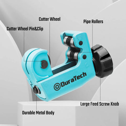 Mini Tubing Cutter For 1/8 To 3/4 Inch Tubing, Cuts Copper Aluminum Brass And Plastic With Replacement Wheel, Ultra Compact One-Hand Use, Built Tough Steel Body Delivers Clean Precise Cuts Every Time, showing cutter wheel, rollers, and feed screw knob.