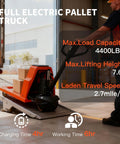 Electric pallet jack, orange, side view with 4400 lb capacity lifting pallets onto a loading dock.
