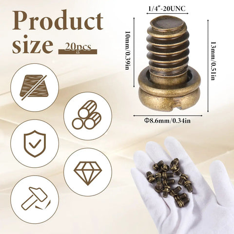 Image of Twenty Pack Ceiling Fan Blade Screws 1/4-20 X 3/8 Phillips Pan Head Heavy Duty Carbon Steel in hand with size details.