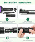Installation instructions for Powerful 100 LED UV Black Light Flashlight 395nm For Pet Urine Detection with battery setup guide.