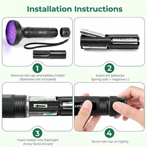 Installation instructions for Powerful 100 LED UV Black Light Flashlight 395nm For Pet Urine Detection with battery setup guide.
