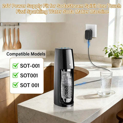 Beefy 24V DC Power Adapter Replacement Cord For Sparkling Water Makers Spirit One Touch And Fizzi shown in home kitchen setup