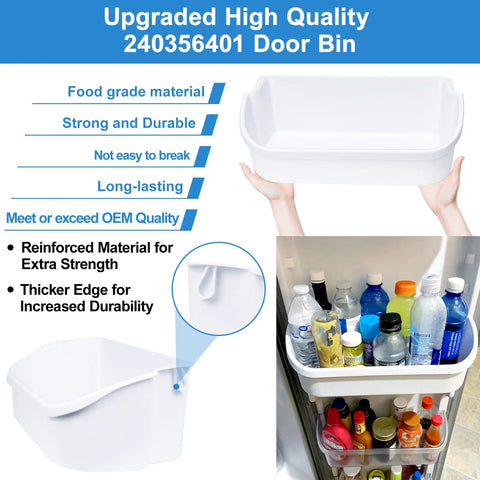 2 Pack Upgraded 240356401 Refrigerator Door Bin For Fridge Door Shelf Replacement shown with reinforced and durable design