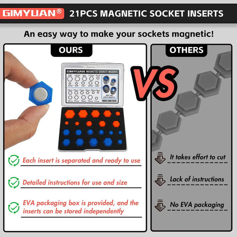 21 Piece Magnetic Socket Inserts Set For SAE And Metric Sizes 5/16 To 7/8 Inch And 8mm To 19mm, comparison of products with EVA case and inserts.