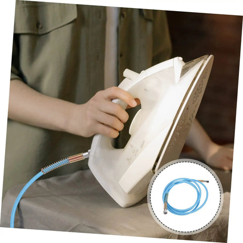 Person ironing with steam iron connected to High Pressure Steam Hose For Steam Iron Three Meter Length Heavy-Duty High Temperature Tubing Replacement