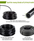 Fifty Pack One Quarter Inch Drip Emitter Set compatible with PVC and PU tubing for garden irrigation, showing black tubing coils.