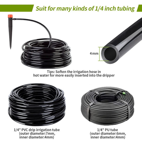 Fifty Pack One Quarter Inch Drip Emitter Set compatible with PVC and PU tubing for garden irrigation, showing black tubing coils.