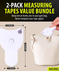 Slim Accurate Retractable Body Measuring Tape 2 Pack with size dimensions next to white handbag