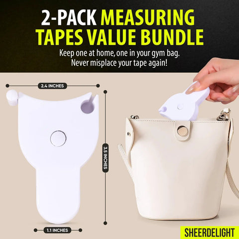 Slim Accurate Retractable Body Measuring Tape 2 Pack with size dimensions next to white handbag