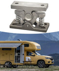 Double Roller Cabinet Latch Lock with Door Holder Release Clamp, featuring its stainless steel construction in a scenic outdoor setting