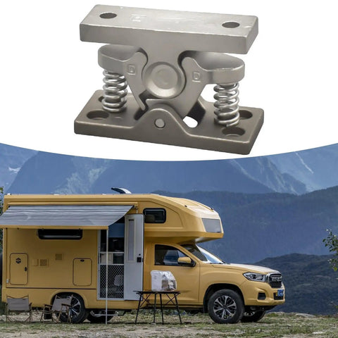 Double Roller Cabinet Latch Lock with Door Holder Release Clamp, featuring its stainless steel construction in a scenic outdoor setting